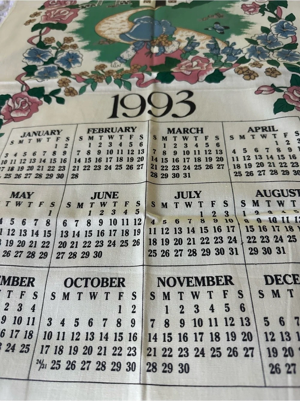 1993 Floral Calendar Tea Towel - Cream and Green